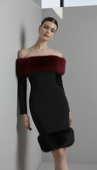 Solid Faux Fur Patchwork Strapless Maxi Dress Women Elegant Full Sleeve Off