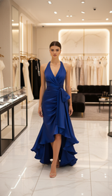 Freeacy Deep V-Neck Ruffled Evening Dress Solid Color