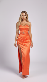 Glamorous Orange Satin Strapless High-Slit Corset Maxi Dress