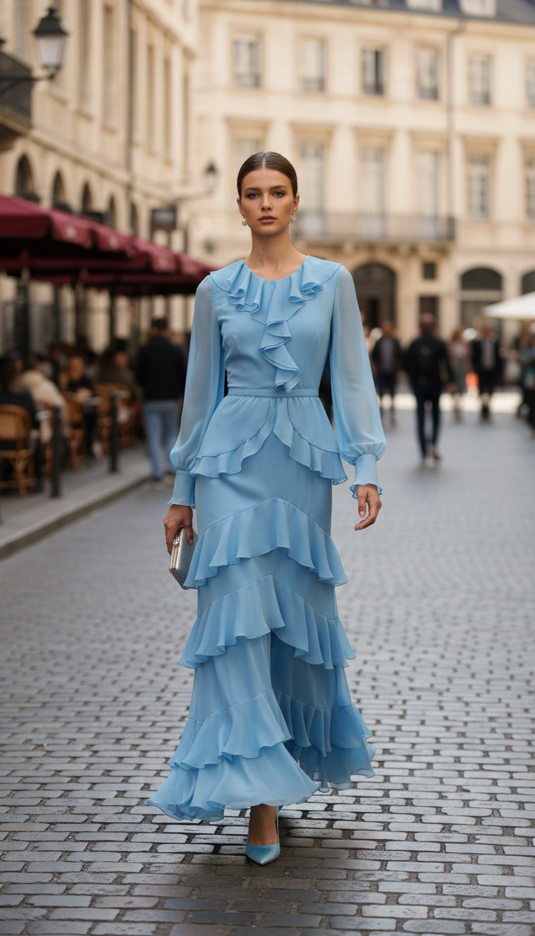 Woman Sexy O Neck Layered Ruffles Long Dresses