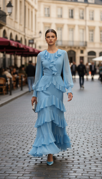 Woman Sexy O Neck Layered Ruffles Long Dresses