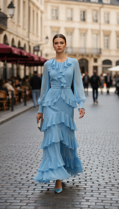 Woman Sexy O Neck Layered Ruffles Long Dresses