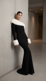 Sexy Women Faux Fur Long Sleeve Black Night Club Evening Party Dress 2025