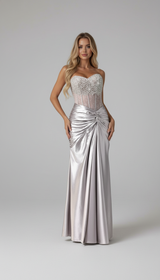 Luxurious Silver Beaded Corset Satin High-Slit Evening Gown