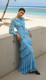 Woman Sexy O Neck Layered Ruffles Long Dresses