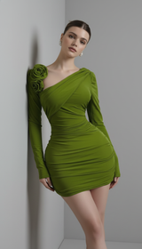 Women Long Sleeve Floral Applique Skew Collar Stacked Ruched Bodycon