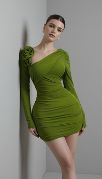 Women Long Sleeve Floral Applique Skew Collar Stacked Ruched Bodycon
