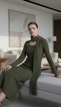 Vintage Knitted Midi Dress Y2K Autumn Slim with Scarf Long Sleeve Dress