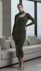 Vintage Knitted Midi Dress Y2K Autumn Slim with Scarf Long Sleeve Dress