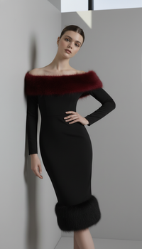 Solid Faux Fur Patchwork Strapless Maxi Dress Women Elegant Full Sleeve Off