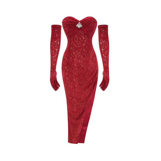 Belle red embellished midi dress (with gloves)