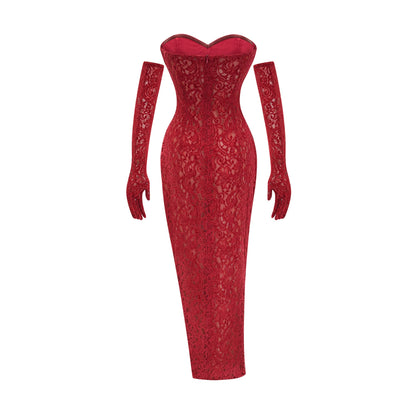 Belle red embellished midi dress (with gloves)