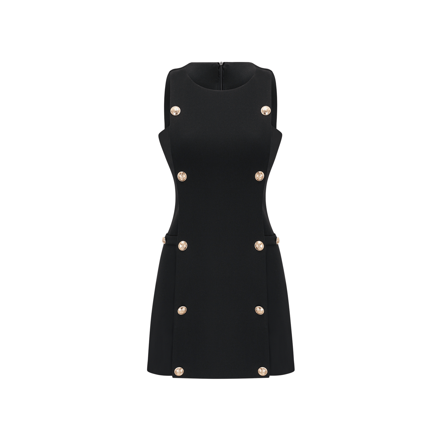 Cascade button-detail black mini dress