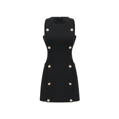 Cascade button-detail black mini dress