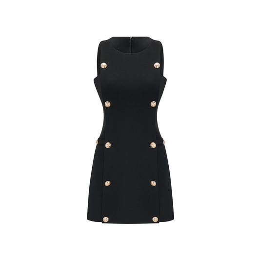 Cascade button-detail black mini dress