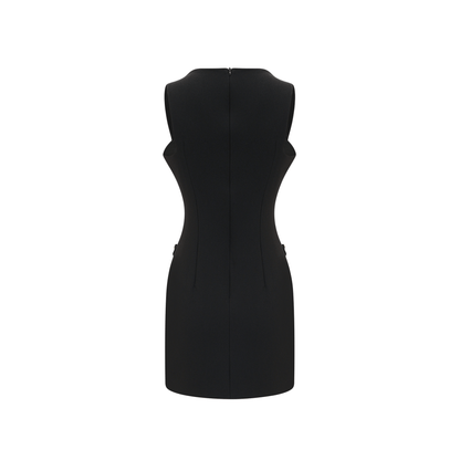 Cascade button-detail black mini dress