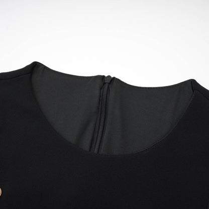 Cascade button-detail black mini dress