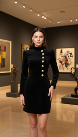 Stand Collar Gold-Button Mini Dress