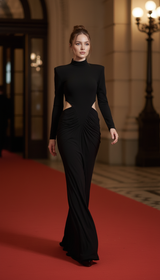 Celie Black Allure High-Neck Cut-Out Draped Gown