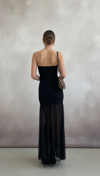 Maison Celie Noir Sheer-Hem High-Slit Strapless Gown