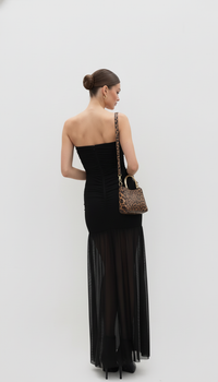 Maison Celie Noir Sheer-Hem High-Slit Strapless Gown