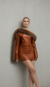 Maison Celie Luxe Faux-Leather Fur-Trim Mini Dress