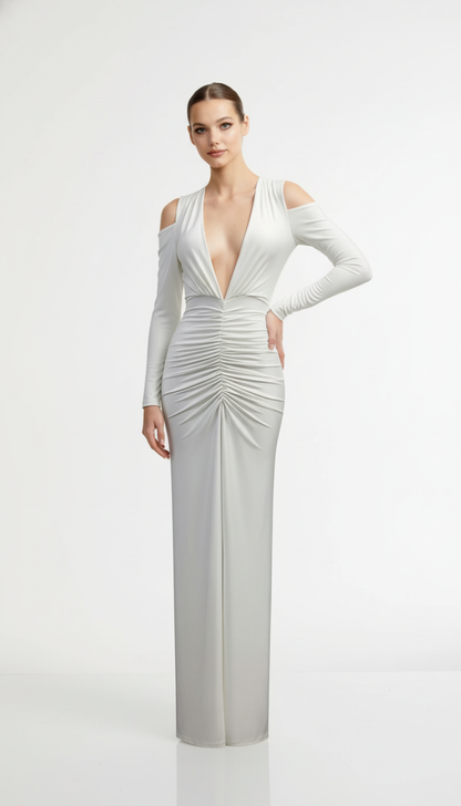 Ahagaga Deep V-Neck Long Party Dress – Folds, Long Sleeves, High Split