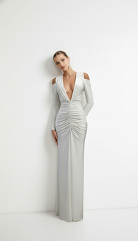 Ahagaga Deep V-Neck Long Party Dress – Folds, Long Sleeves, High Split