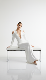 Ahagaga Deep V-Neck Long Party Dress – Folds, Long Sleeves, High Split
