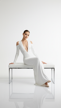 Ahagaga Deep V-Neck Long Party Dress – Folds, Long Sleeves, High Split