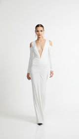 Ahagaga Deep V-Neck Long Party Dress – Folds, Long Sleeves, High Split