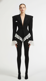 Lace Trim Blazer Bodysuit – Slim V-Neck Long Sleeve Jumpsuit
