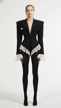Lace Trim Blazer Bodysuit – Slim V-Neck Long Sleeve Jumpsuit