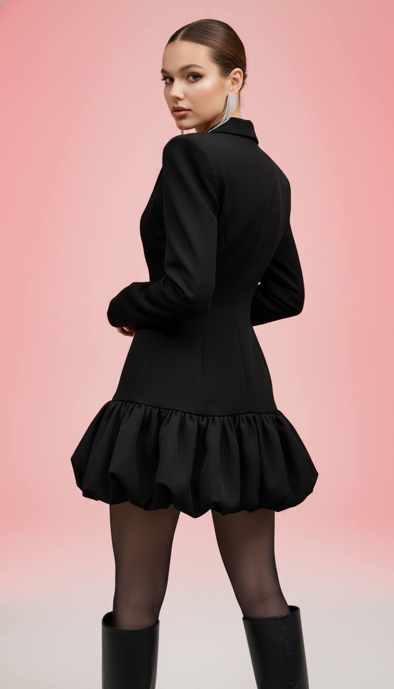 Sisterlinda Deep V-Neck Padded Mini Dress – Ruched Bud Hem, Full Sleeves, Slim Fit