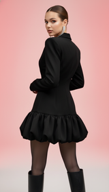 Sisterlinda Deep V-Neck Padded Mini Dress – Ruched Bud Hem, Full Sleeves, Slim Fit