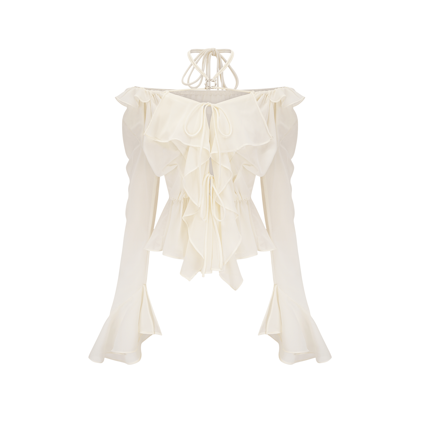 Fauve white ruffle strapless long-sleeve blouse