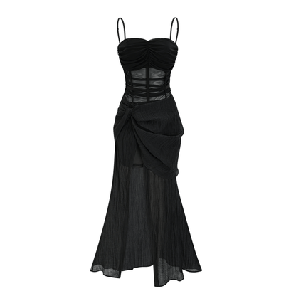 Guinevere black sheer asymmetric midi dress