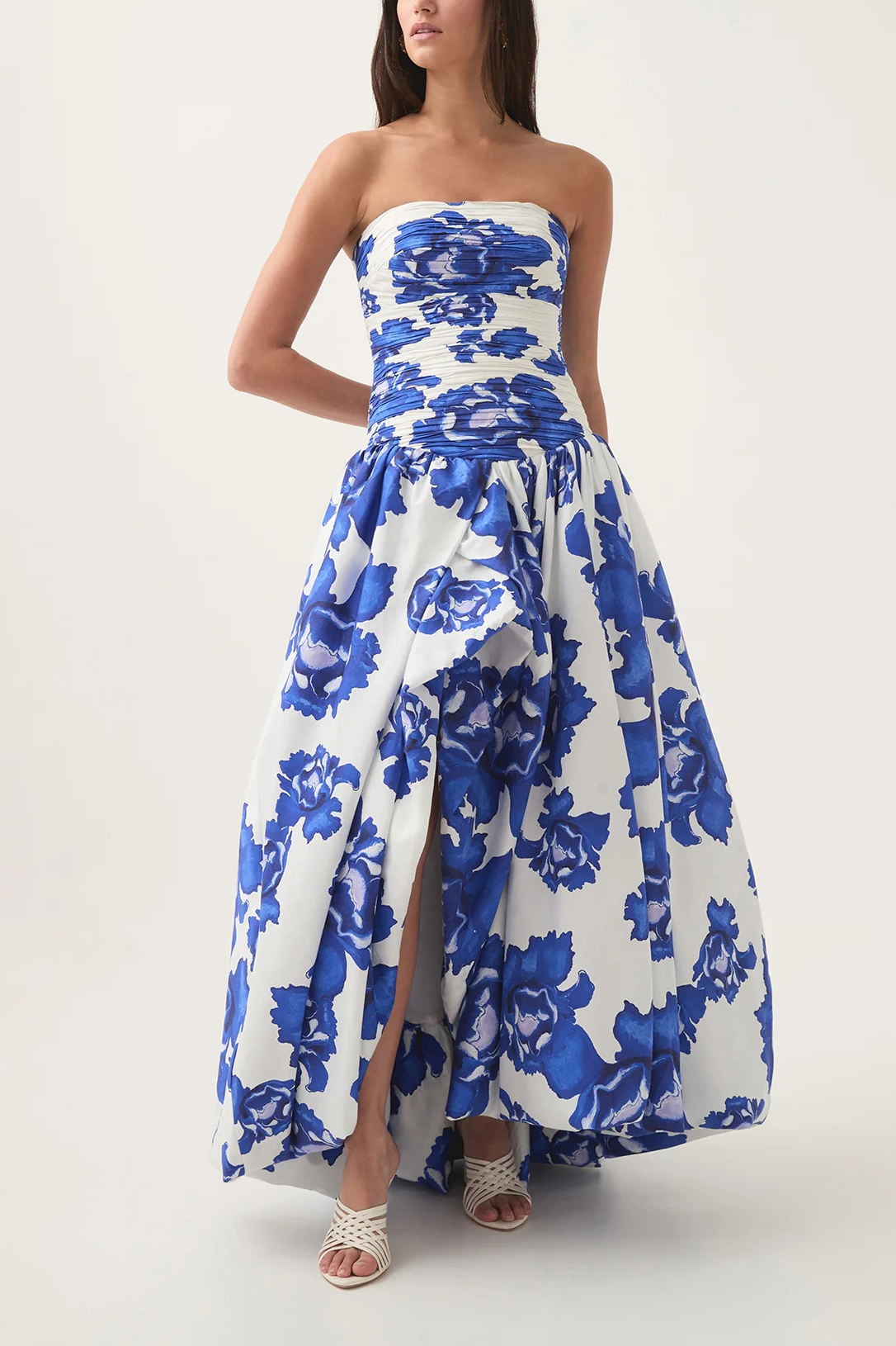 Coleka Floral Print Strapless Ruched Maxi Dress - Blue