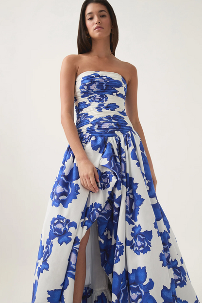 Coleka Floral Print Strapless Ruched Maxi Dress - Blue