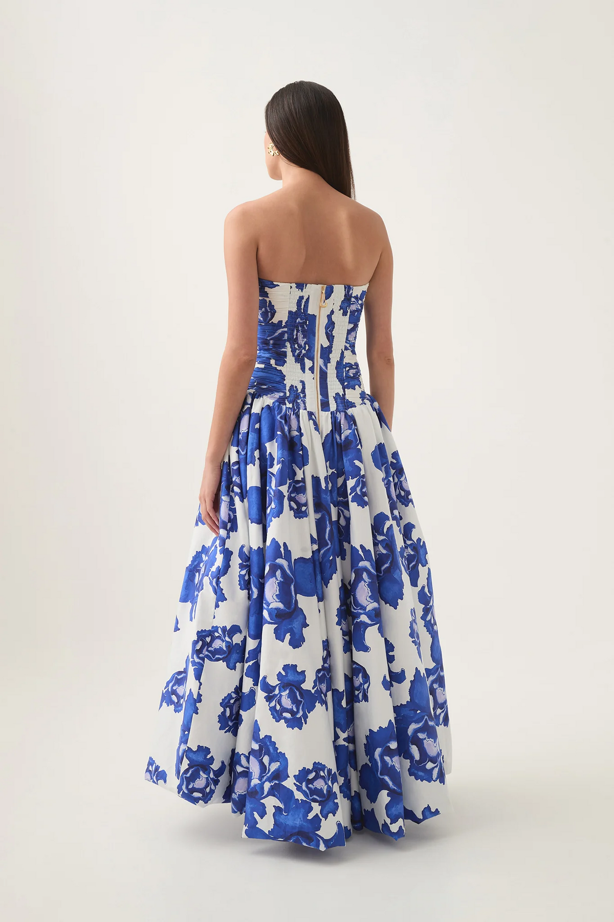 Coleka Floral Print Strapless Ruched Maxi Dress - Blue
