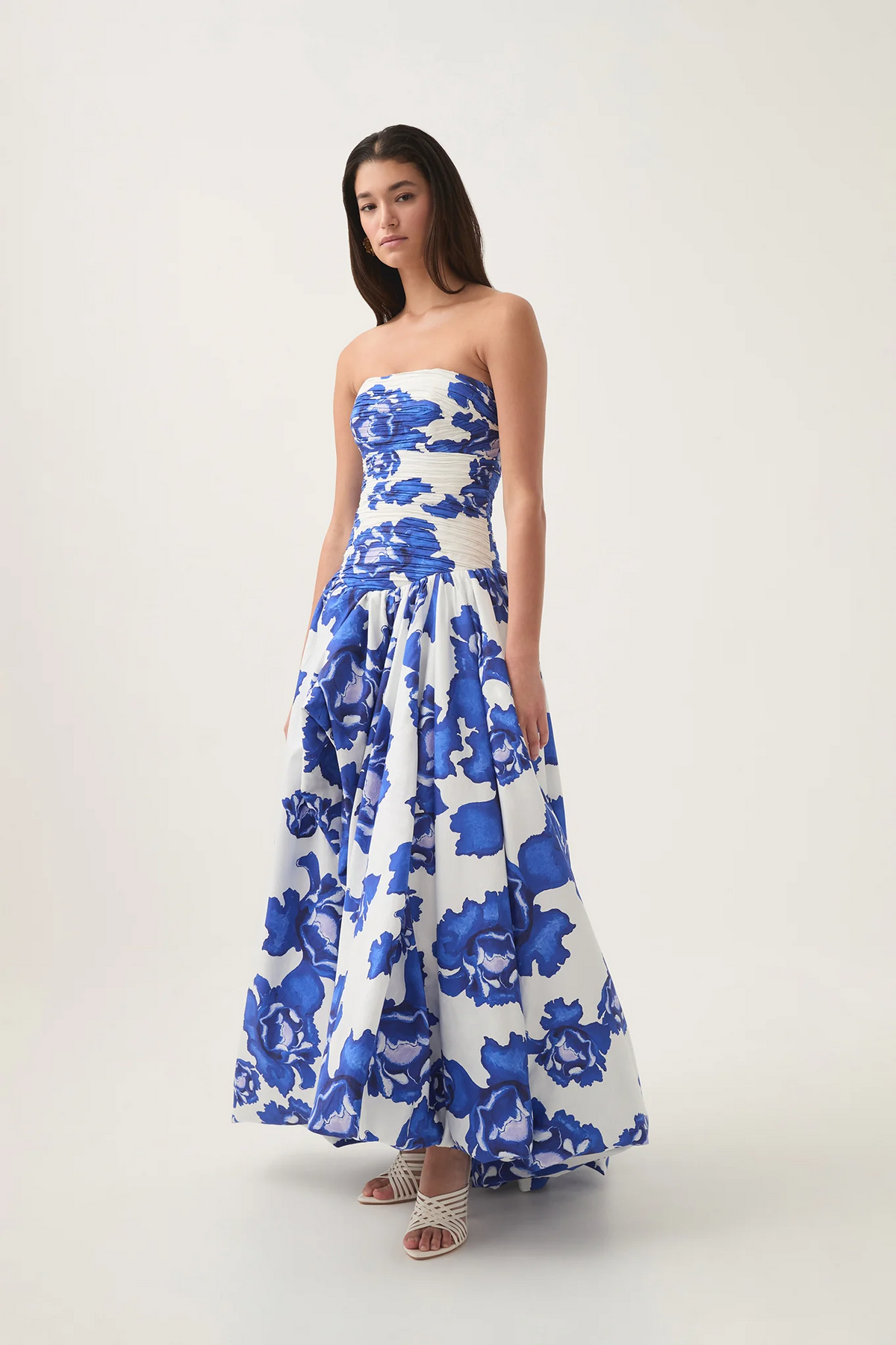 Coleka Floral Print Strapless Ruched Maxi Dress - Blue