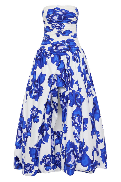 Coleka Floral Print Strapless Ruched Maxi Dress - Blue
