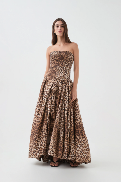 Coleka Leopard Print Strapless Ruched Maxi Dress