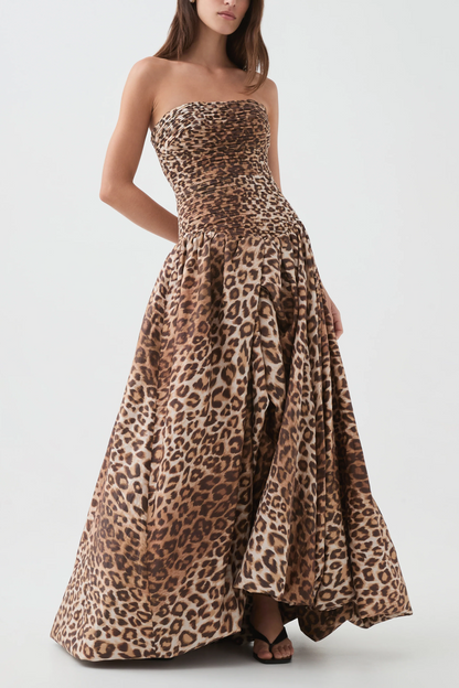 Coleka Leopard Print Strapless Ruched Maxi Dress