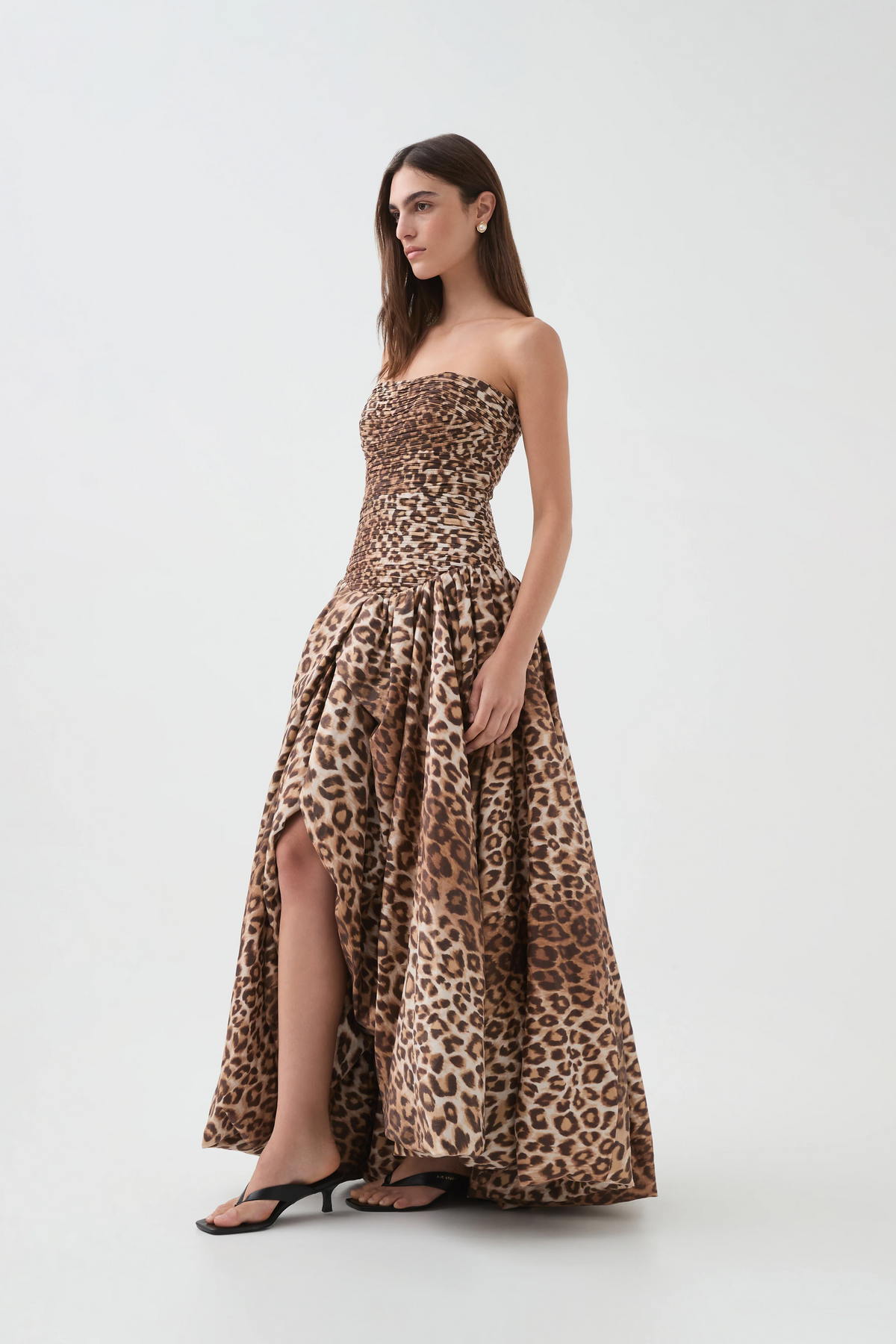 Coleka Leopard Print Strapless Ruched Maxi Dress