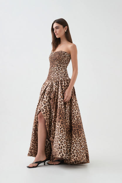 Coleka Leopard Print Strapless Ruched Maxi Dress