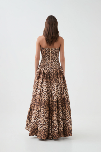 Coleka Leopard Print Strapless Ruched Maxi Dress