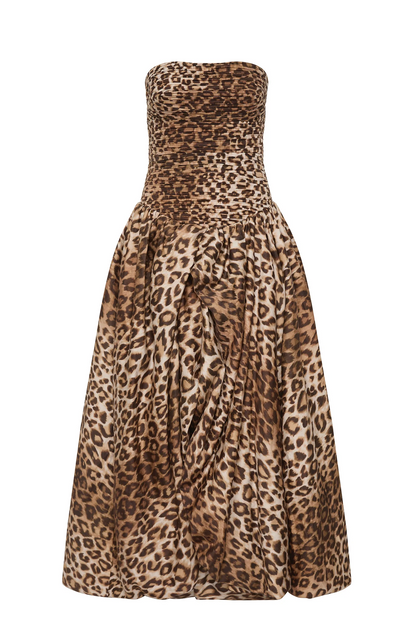 Coleka Leopard Print Strapless Ruched Maxi Dress