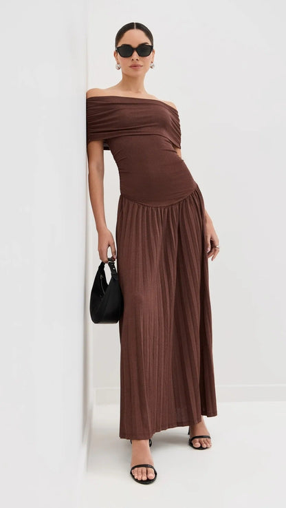 Catherine asymmetric pleated maxi dress in Brown