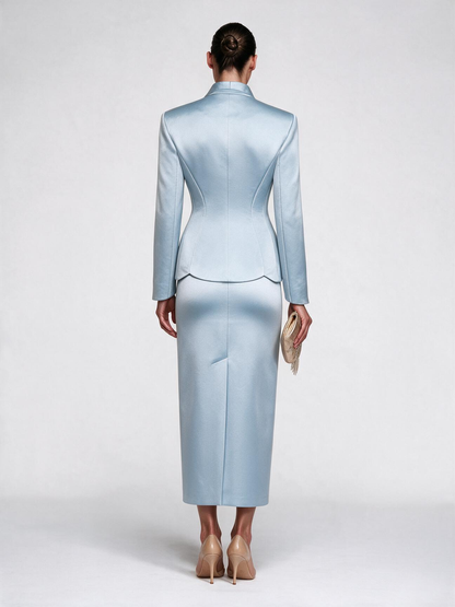 Zophia Satin Blazer & Maxi Skirt Set - Blue